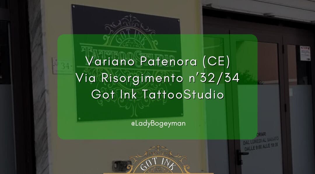 Ingresso di Got Ink Tattoo a Marzanello, Campania, IT, con insegna verde e info.