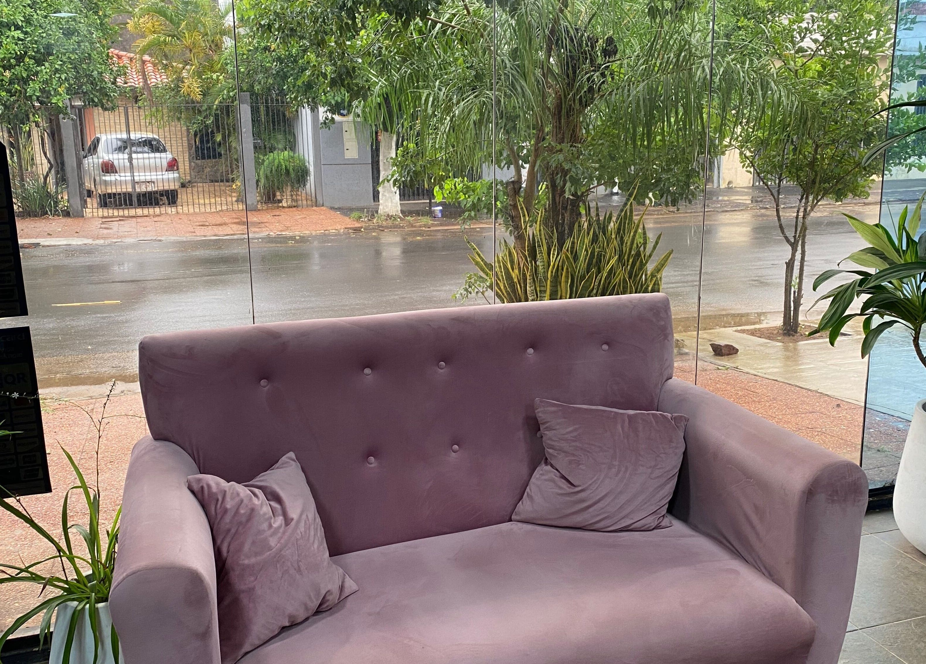 Cozy lavender sofa in Sibaris, Luque, Central, PY with lush greenery visible through a large glass window.