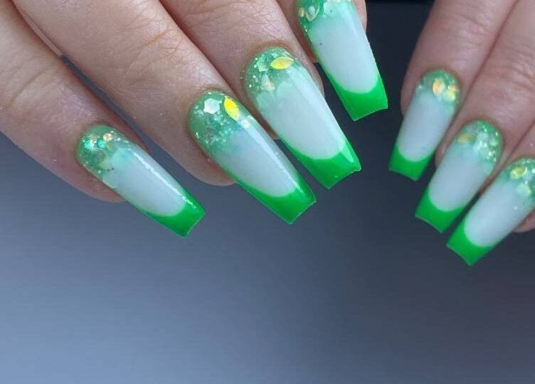 Stylish neon green nails with glitter from Hadis nail, Sydney, New South Wales, AU.