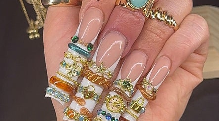 Intricate nail art with gold and gem accents at Prettynpolished, Bell Post Hill, Victoria, AU.