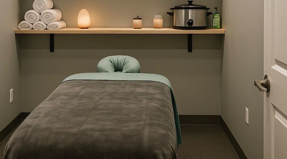 Calming massage room at Aura Eleven Massage, Stafford Township, New Jersey, US, featuring a cozy bed and ambient lighting.