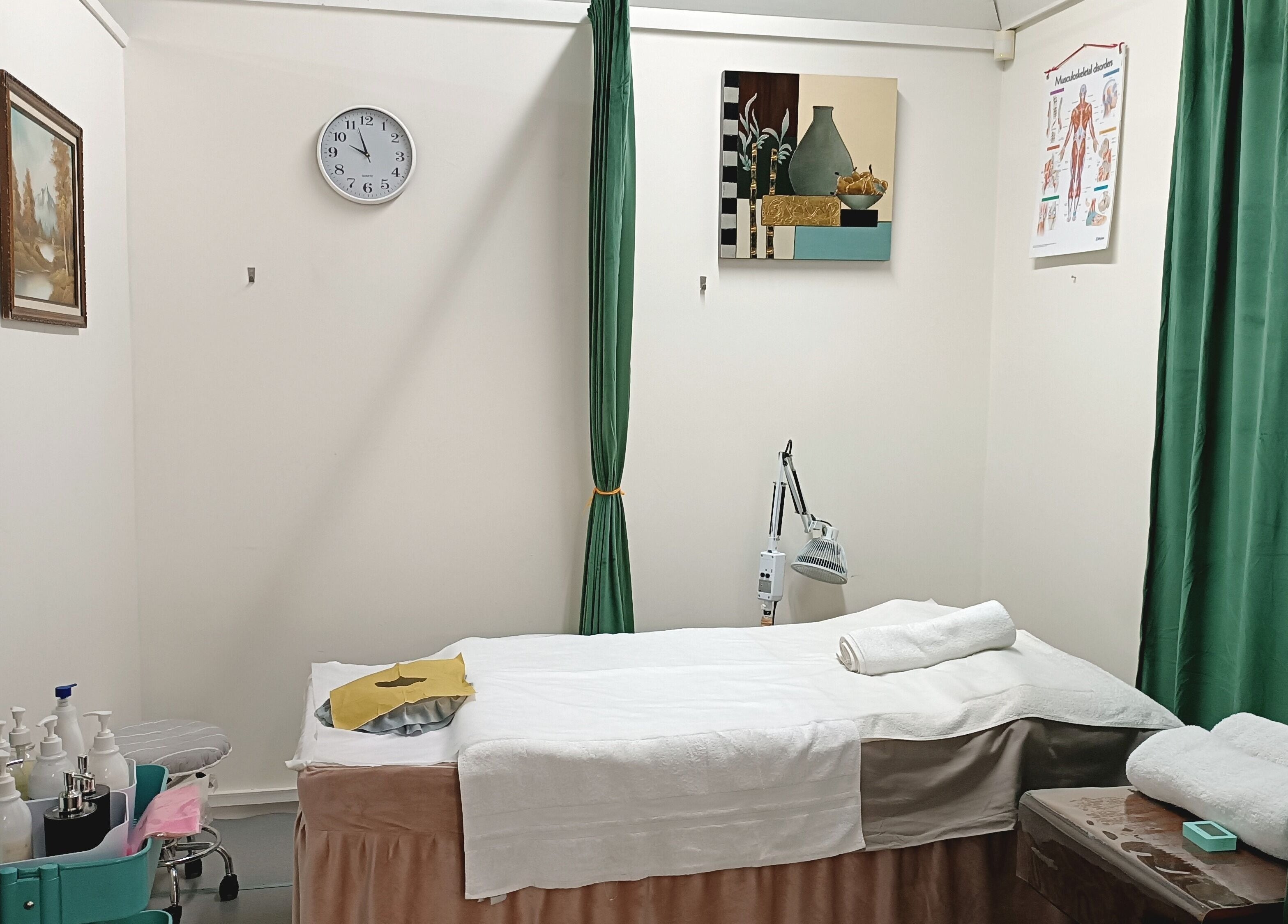 Relaxing treatment room at Harmony River Studio, Auckland, NZ, featuring a cozy bed and calming decor.