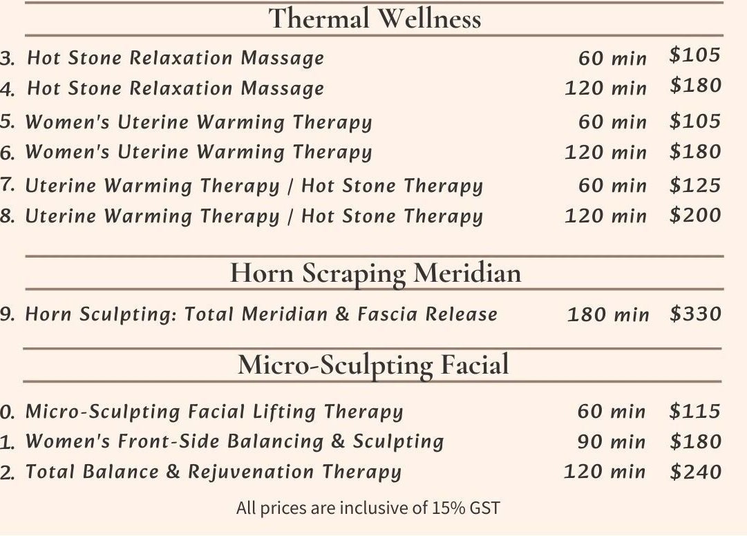 List of wellness services at Harmony River Studio, Auckland, NZ, including thermal and horn scraping therapies.