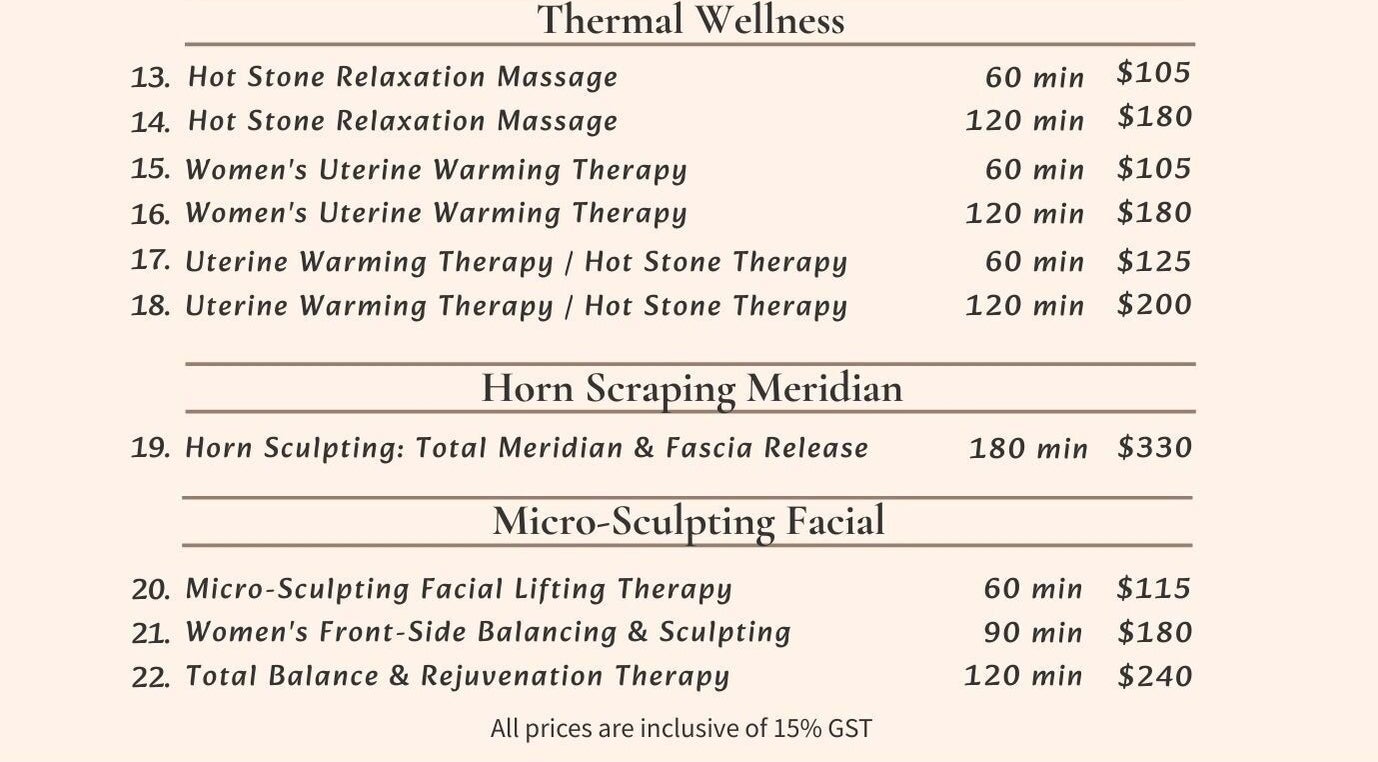 List of wellness services at Harmony River Studio, Auckland, NZ, including thermal and horn scraping therapies.