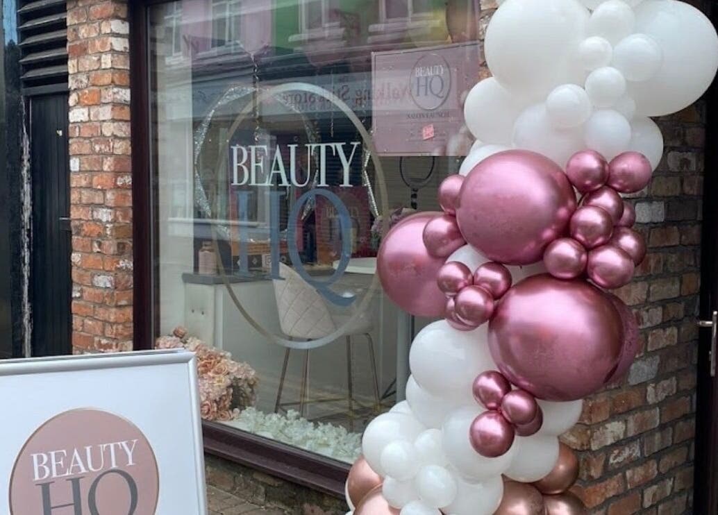 MPLashes venue entrance with pink and white balloons in Southport, England, GB.