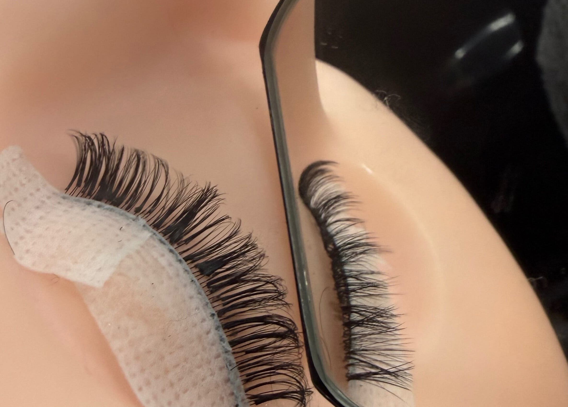 Close-up of eyelash extensions in mirror at MPLashes, Southport, England, GB.