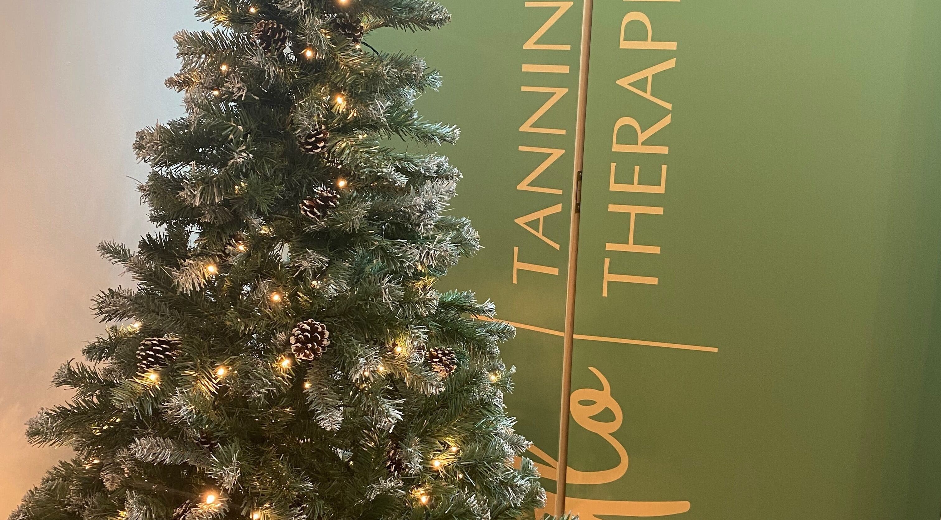 Christmas tree with lights at Neat Nurse, Talbot Green, Wales, GB.