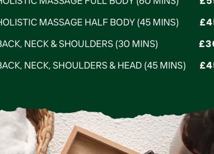 Massage services menu at Kneaded Peace, London, England with prices and duration for various massage options.
