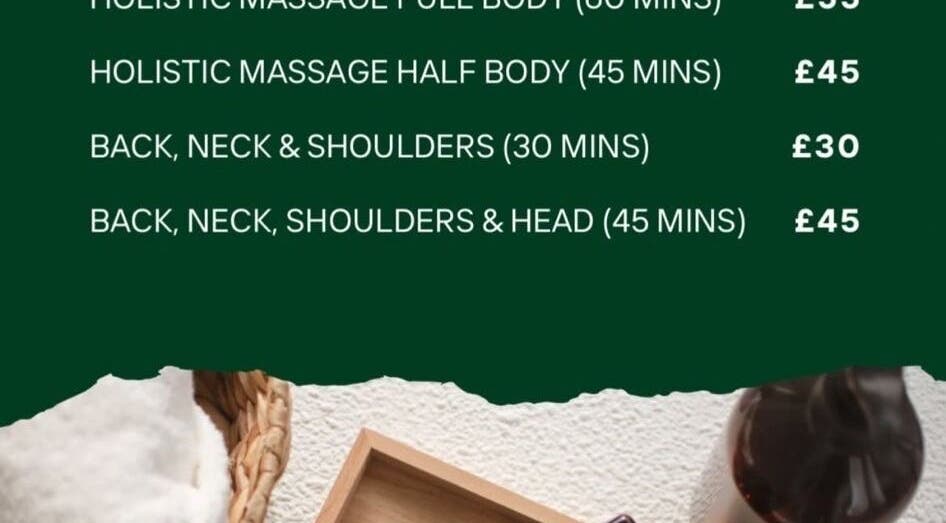Massage services menu at Kneaded Peace, London, England with prices and duration for various massage options.