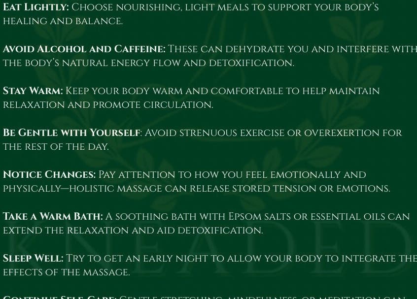 Wellness tips at Kneaded Peace, London, England emphasize light eating and warmth for holistic healing.