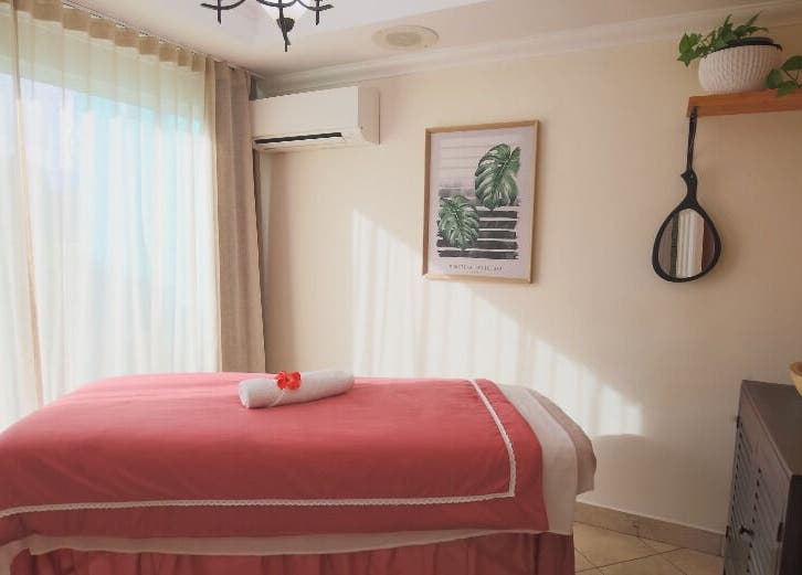 Tranquil massage room at NECTAR Spa OBBR, Oyster Bay, SX with pink linen and elegant decor.