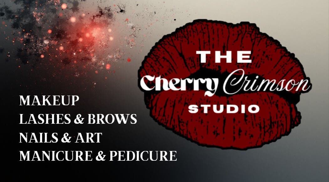 The Cherry Crimson Studio logo with beauty service list. Located in Germiston, Gauteng, ZA.