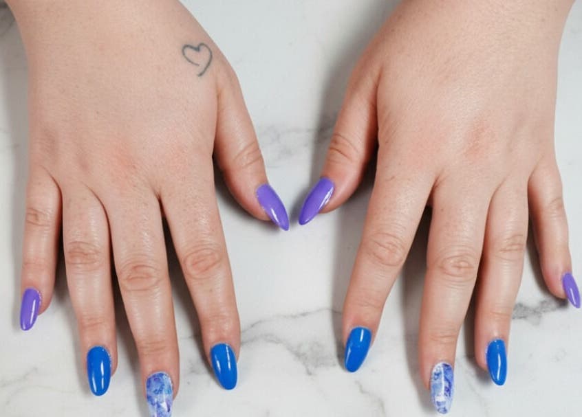 Bright purple and blue nail art at The Cherry Crimson Studio, Germiston, Gauteng, ZA.