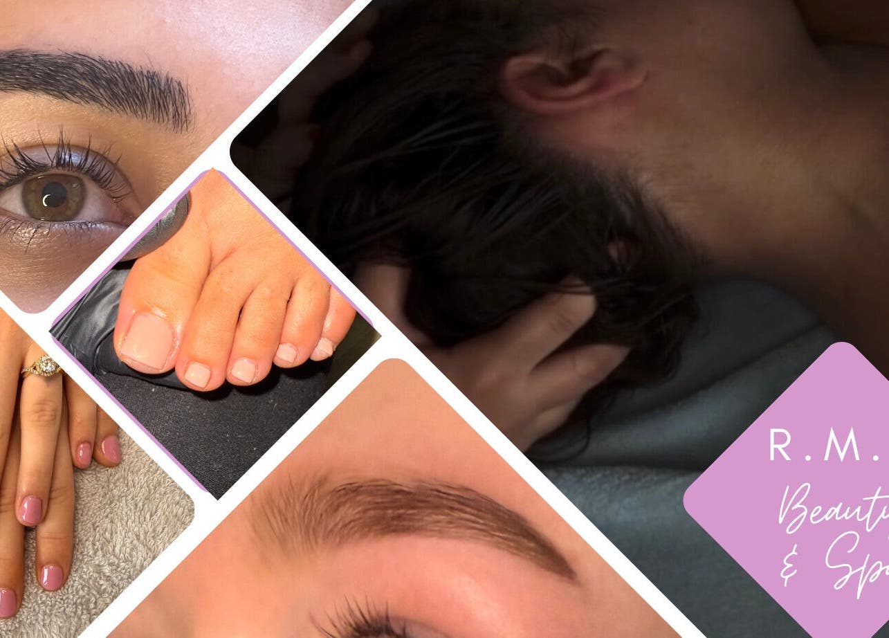 Collage of treatments at R.M.Beauty and Spa, Evesham, England, GB, showcasing brows, nails, and massage.