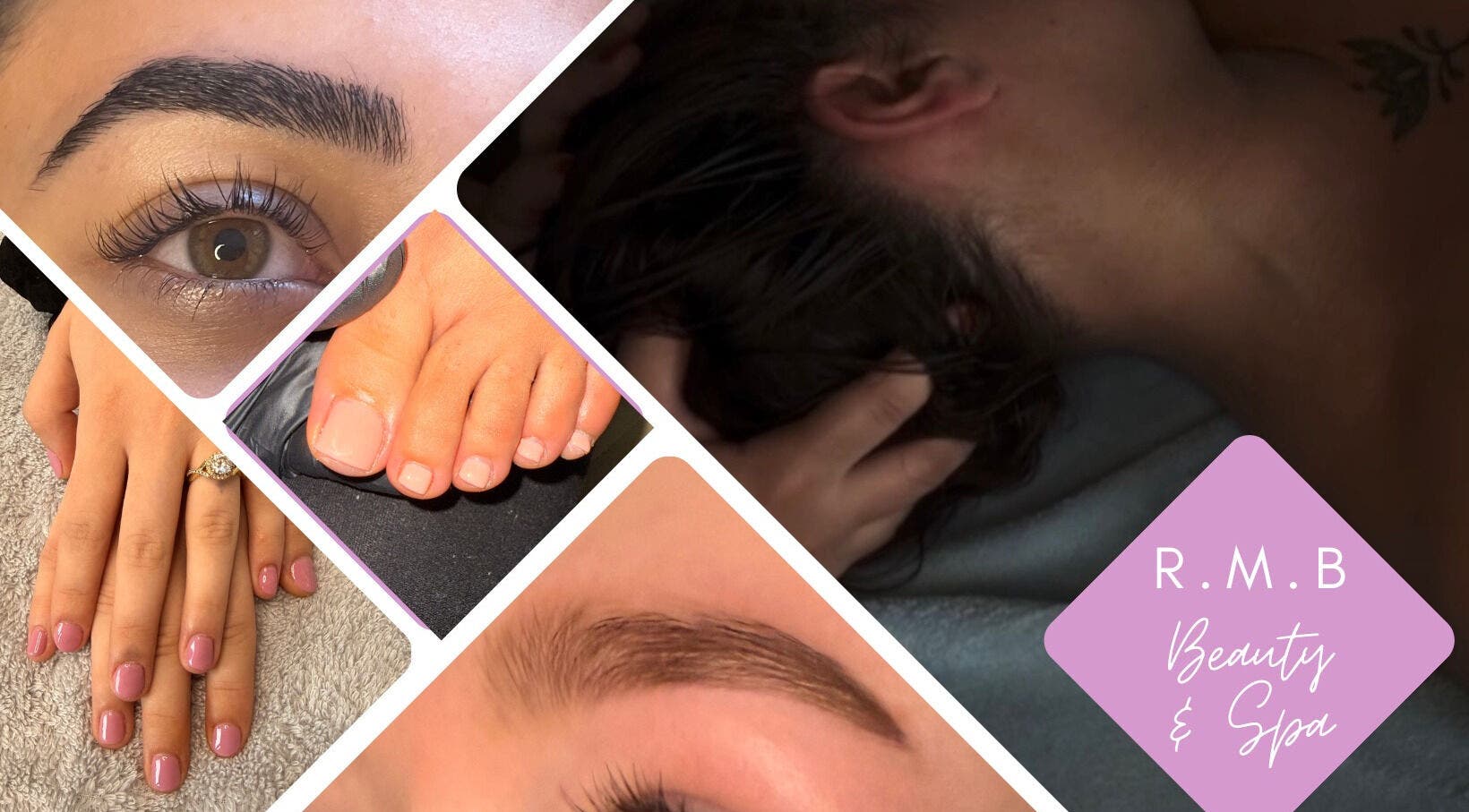 Collage of treatments at R.M.Beauty and Spa, Evesham, England, GB, showcasing brows, nails, and massage.