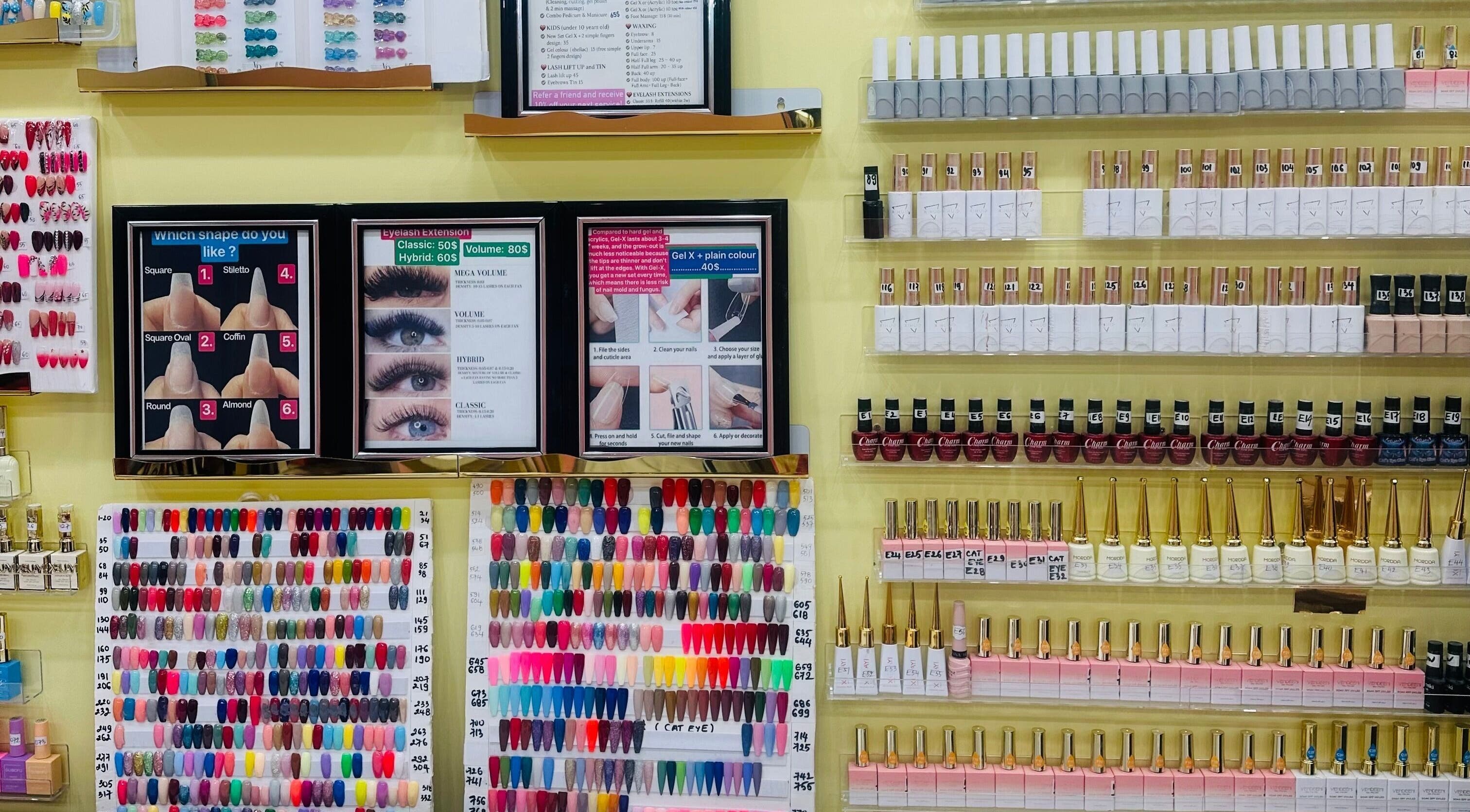 Colorful nail polish display at Nails By Hannah Le in Calgary, Alberta, CA showcasing diverse styles.