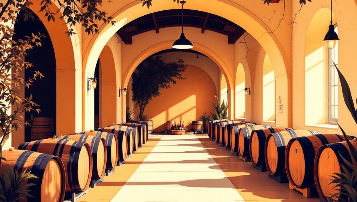 Barricas de vinho em arcada charmosa no Cpl, Figueira Dos Cavaleiros, Beja, PT.