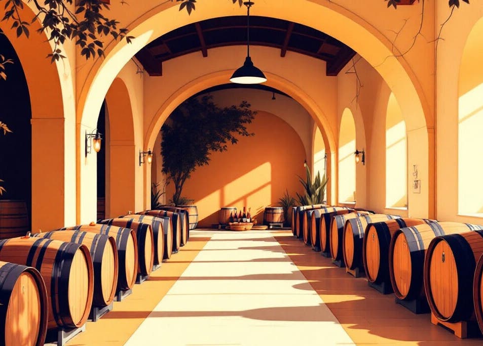 Barricas de vinho em arcada charmosa no Cpl, Figueira Dos Cavaleiros, Beja, PT.