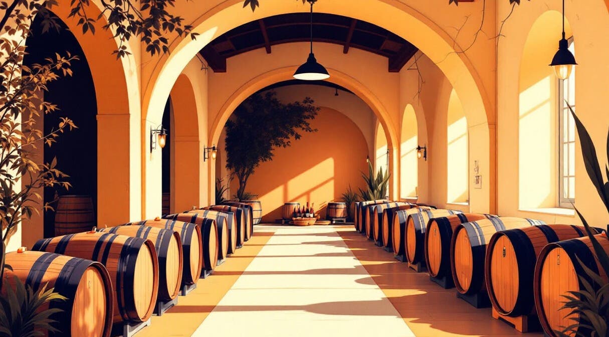Barricas de vinho em arcada charmosa no Cpl, Figueira Dos Cavaleiros, Beja, PT.