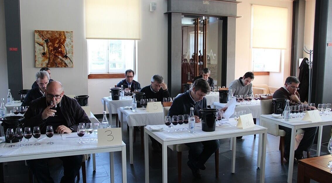 Degustação de vinhos no Cpl, Figueira Dos Cavaleiros, Beja, PT com vários participantes concentrados.