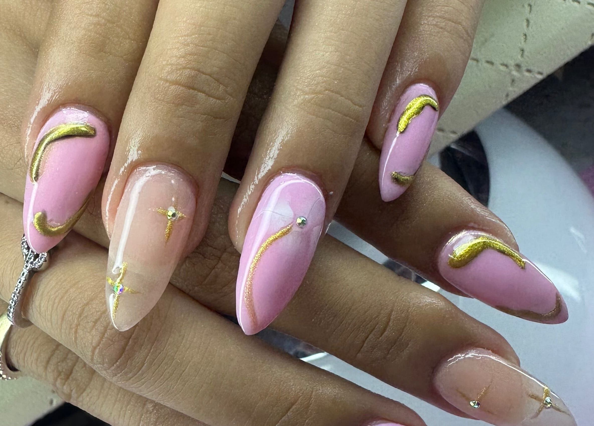 Elegant pink and gold nail art at Aleya's Infinite Glow, Paramaribo, Paramaribo, SR.