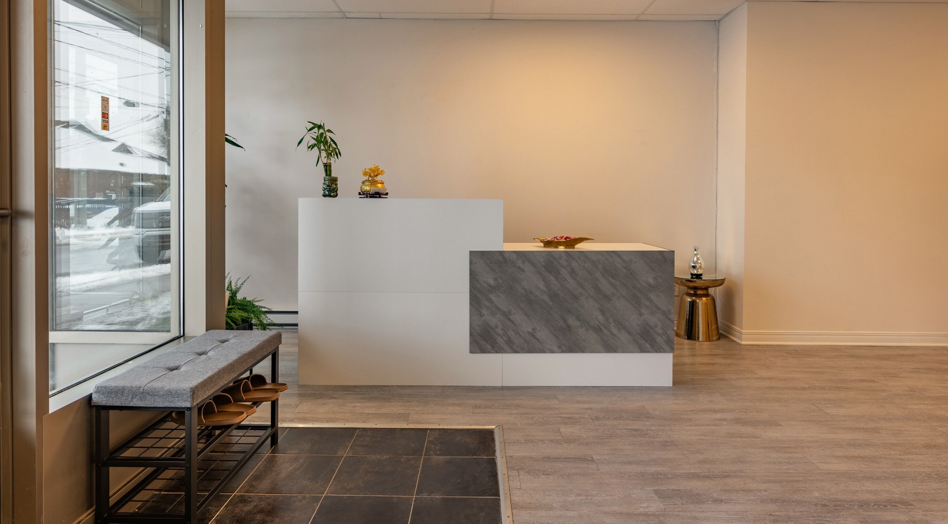 Elegant reception area at Institut NewYou, Sainte-Anne-de-Bellevue, Québec, CA. Modern design with sunlight.