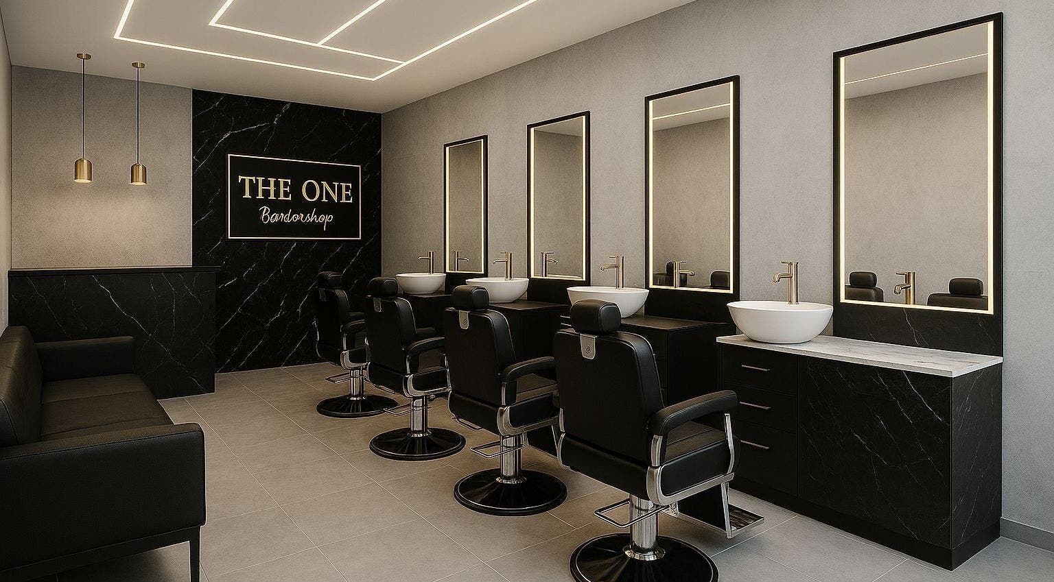 Elegant barber chairs at THE BARBER ONE, San Andrés Cholula, Puebla, MX. Modern grooming interior.