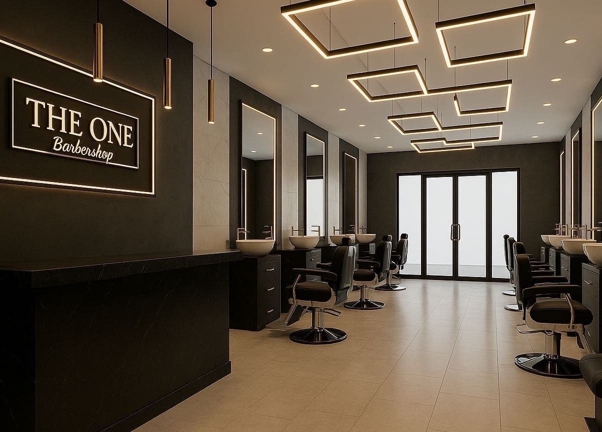 Elegant interior of THE BARBER ONE in San Andrés Cholula, Puebla, MX. Features modern barber chairs and stylish lighting.