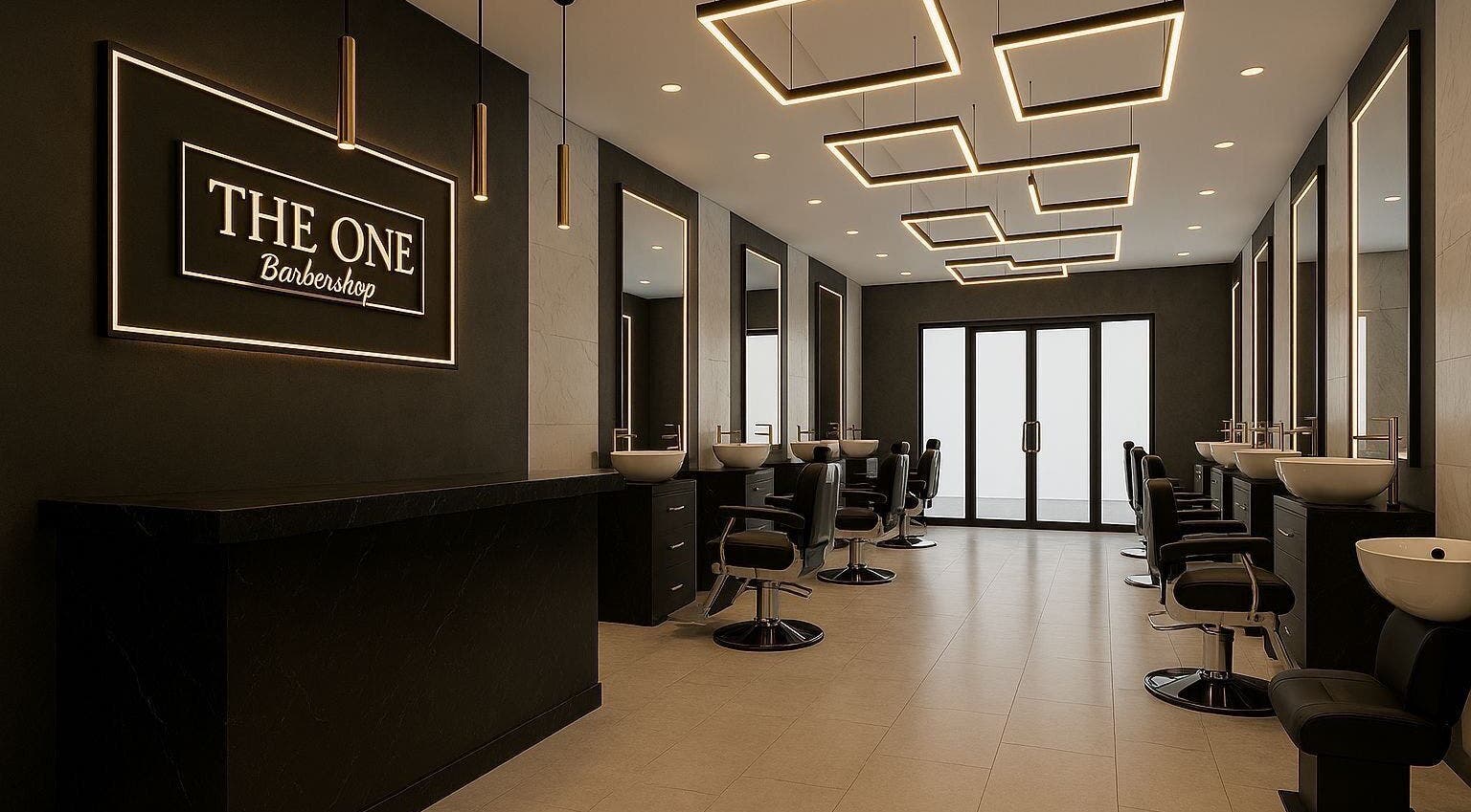 Elegant interior of THE BARBER ONE in San Andrés Cholula, Puebla, MX. Features modern barber chairs and stylish lighting.