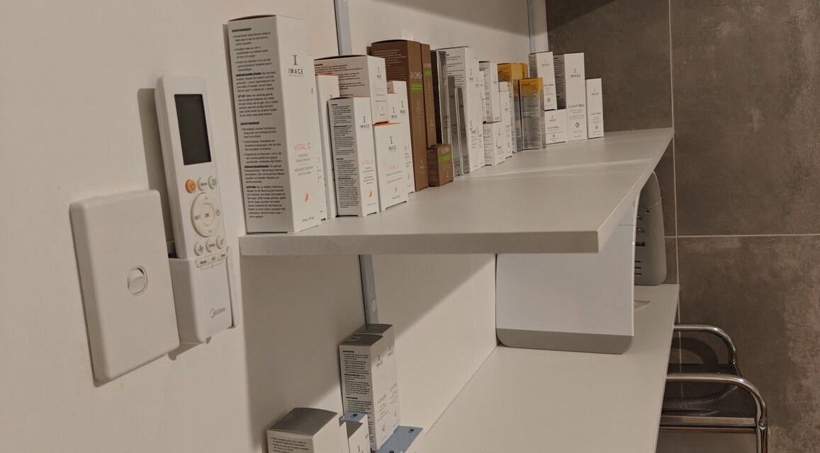 Skincare products on shelves at Asali Skin and Wellness, Malvern, South Australia, AU showcasing diverse beauty items.