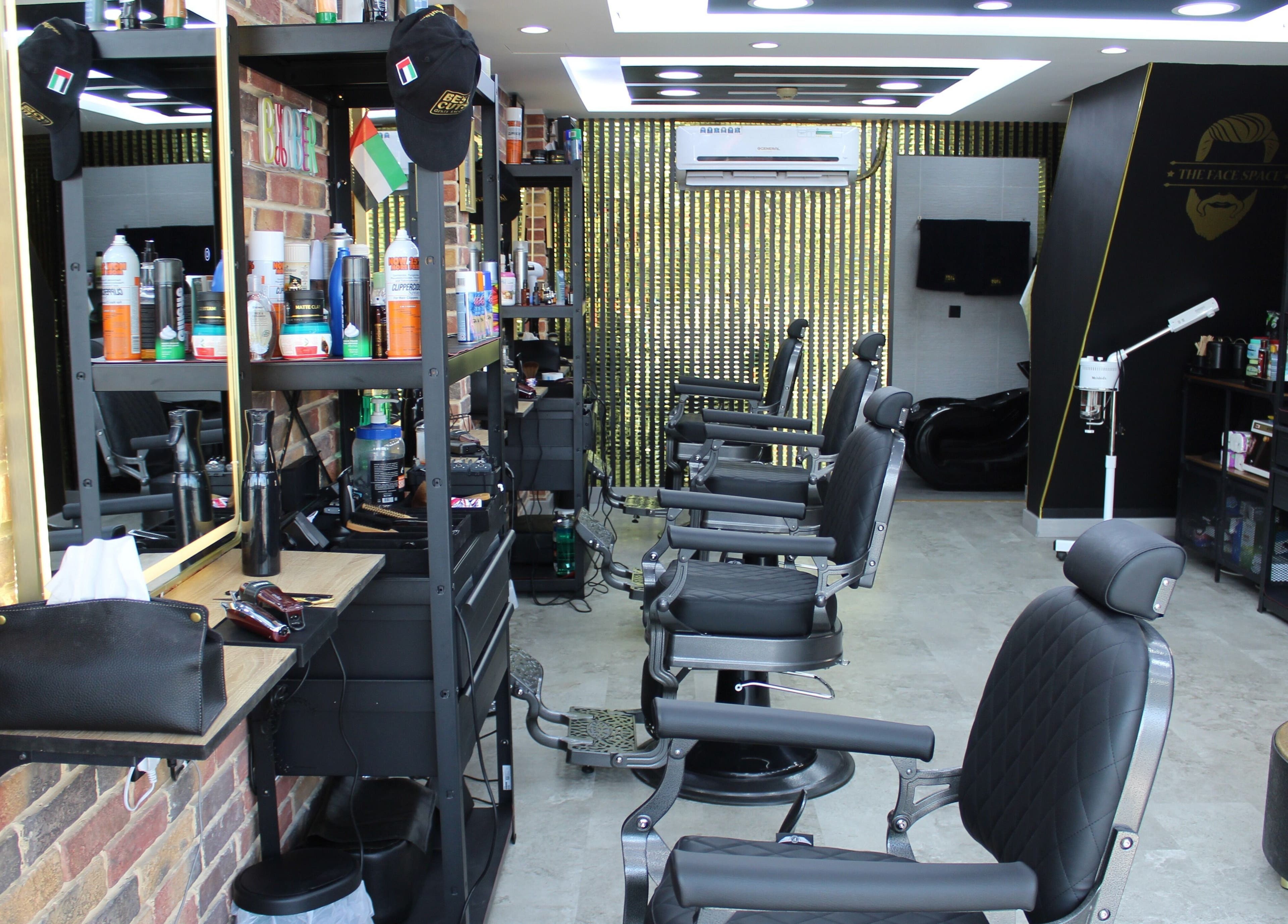 Modern barber chairs and grooming station at Best Cuts Gents Salon, Dubai, Dubai, AE.