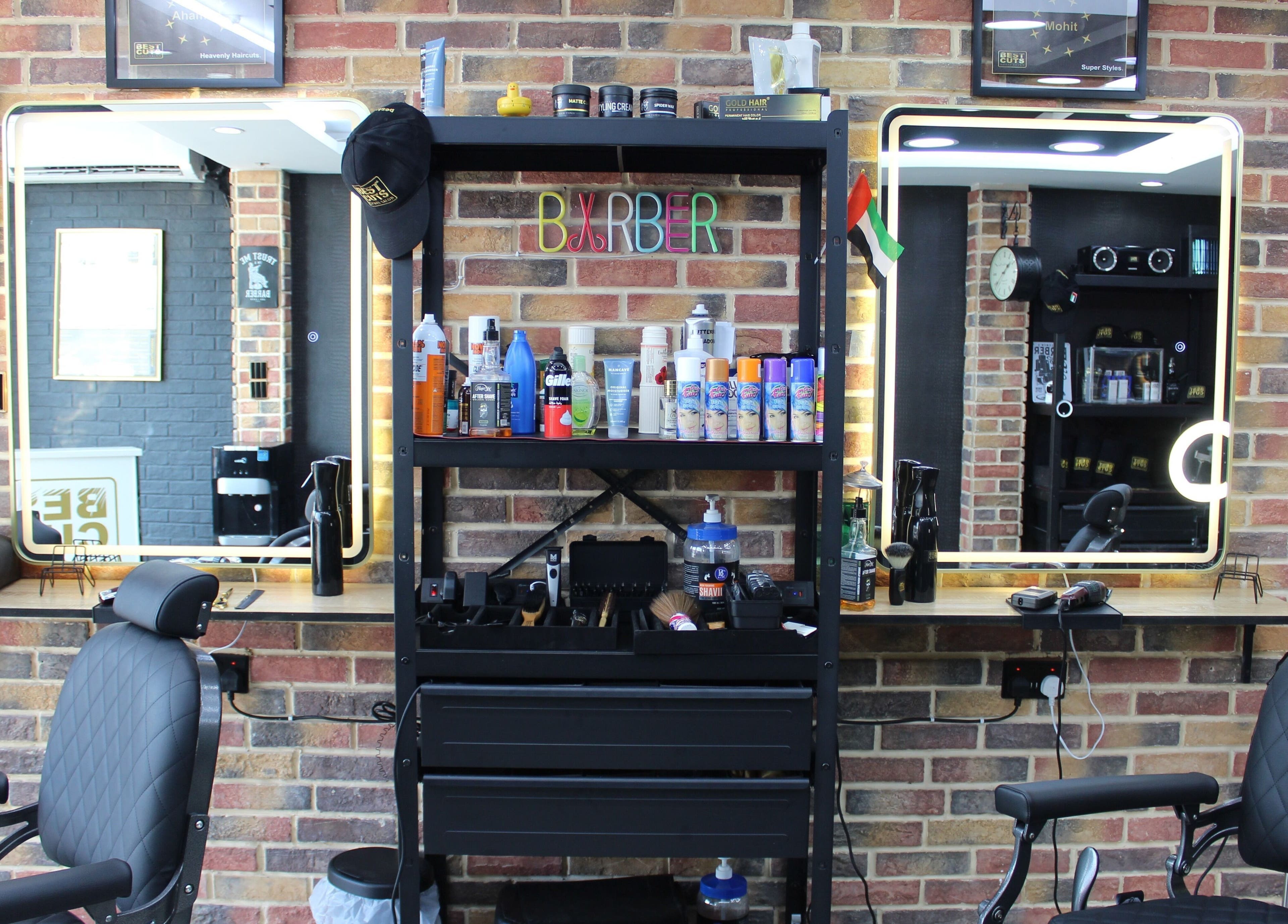 Stylish setup at Best Cuts Gents Salon, Dubai, Dubai, AE, showcasing grooming products and barber chairs.