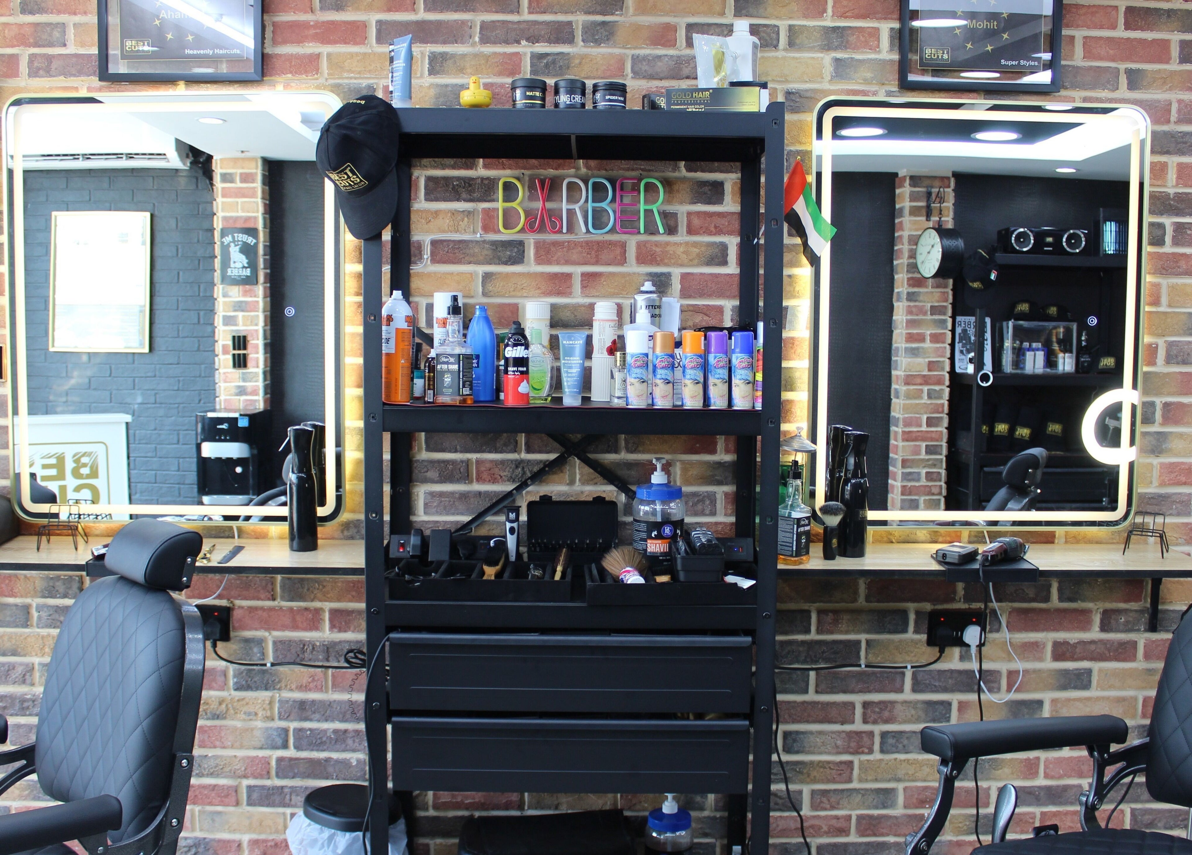 Stylish setup at Best Cuts Gents Salon, Dubai, Dubai, AE, showcasing grooming products and barber chairs.