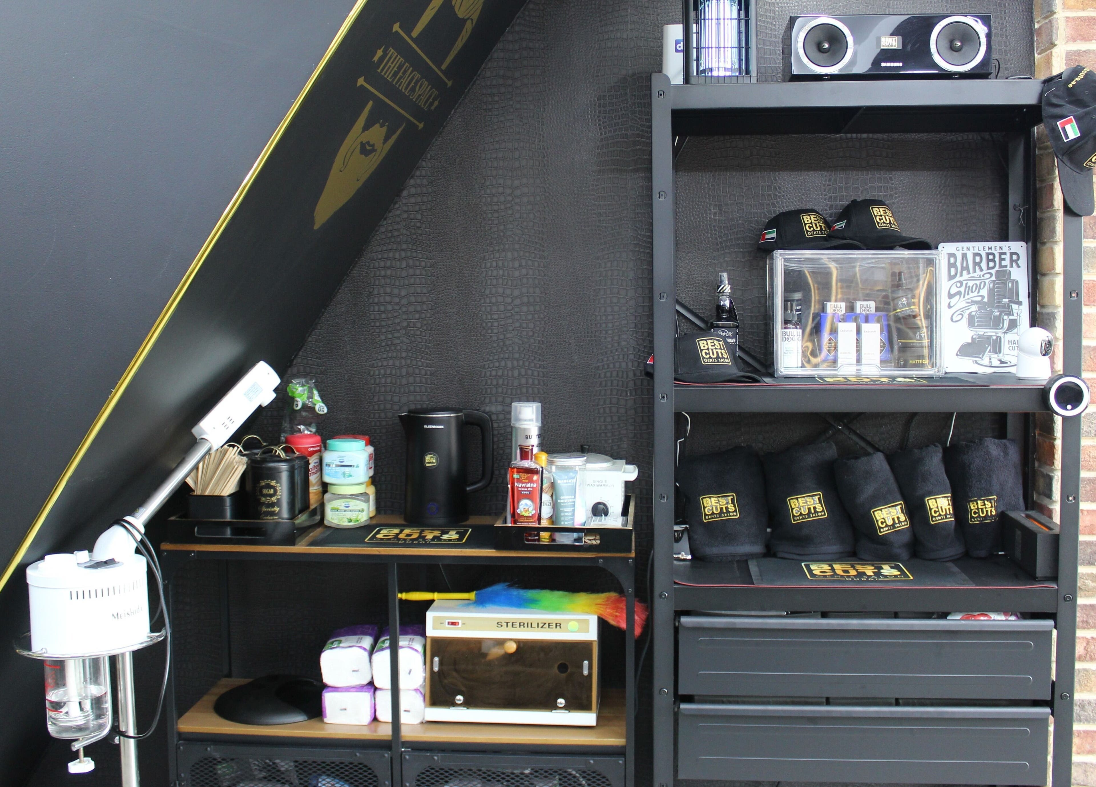 Best Cuts Gents Salon's organized salon supplies and tools corner in Dubai, Dubai, AE.