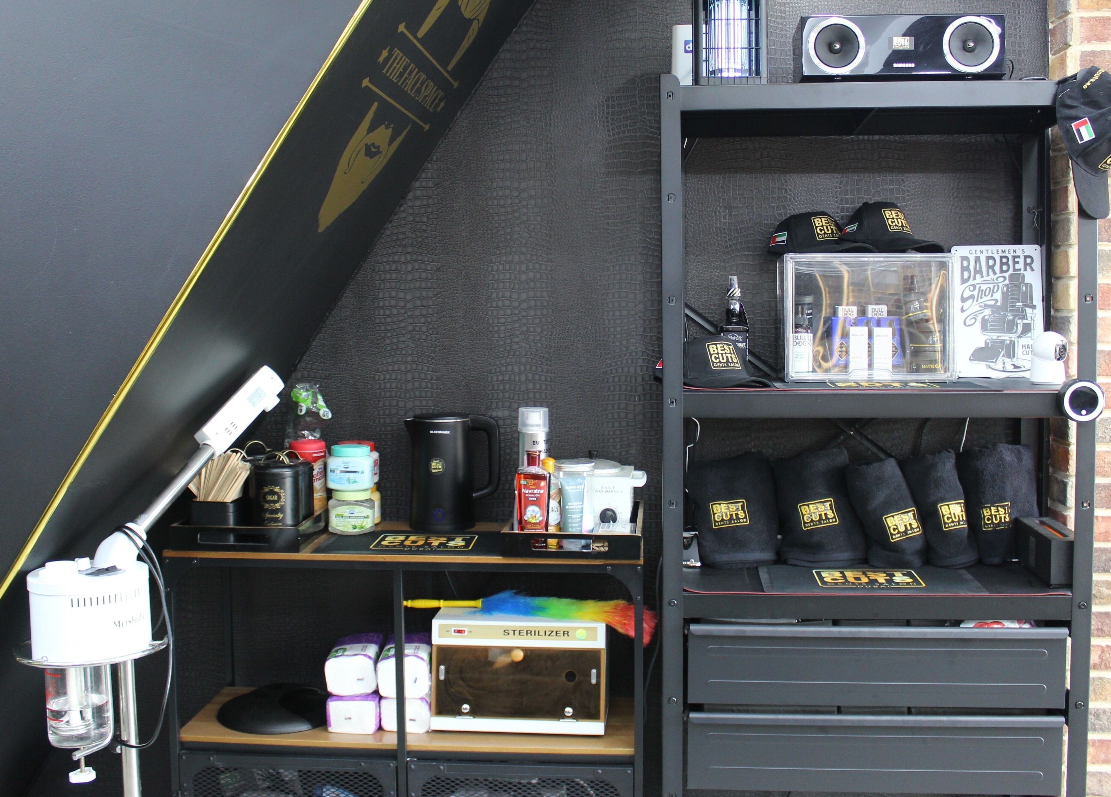 Best Cuts Gents Salon's organized salon supplies and tools corner in Dubai, Dubai, AE.