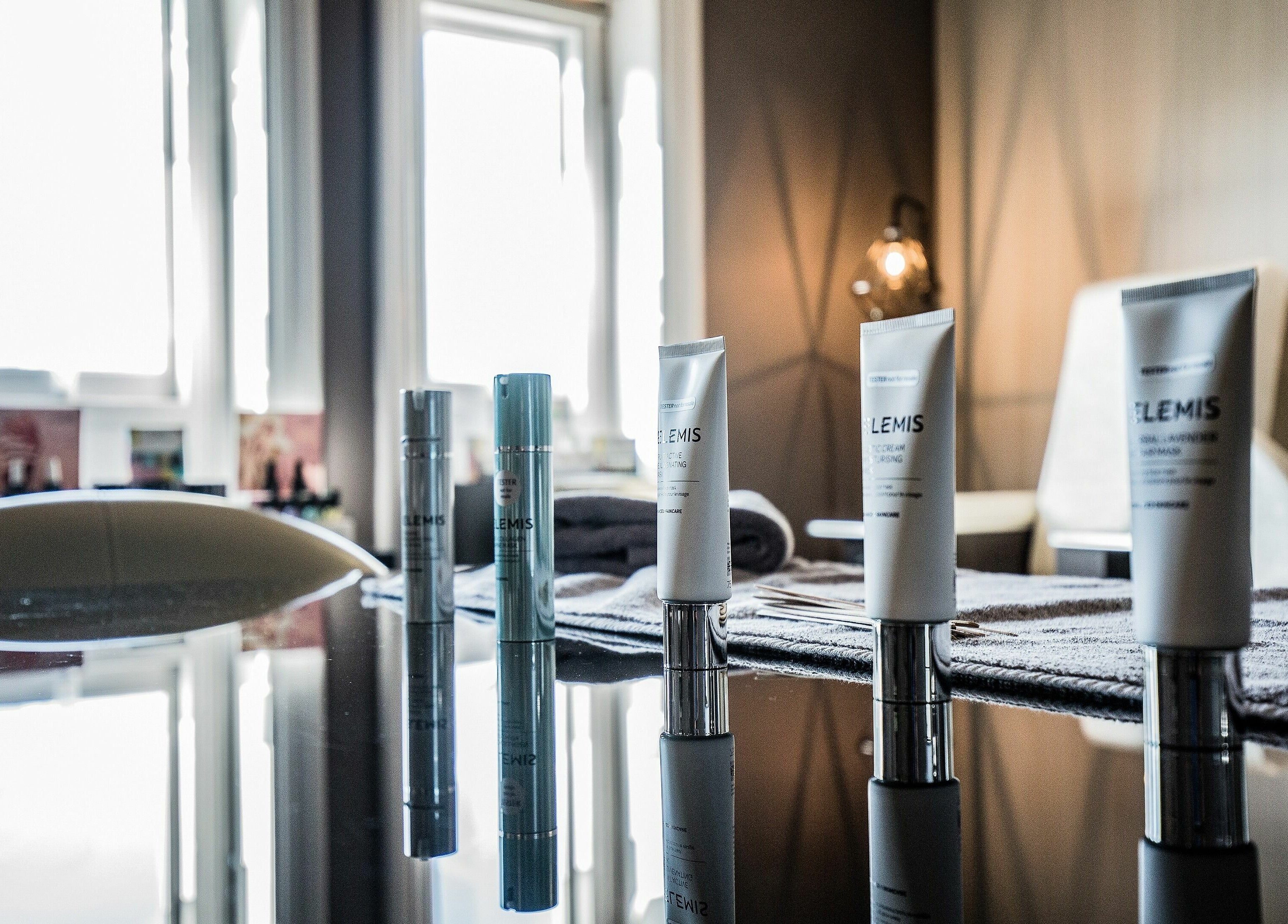 Skincare products lined elegantly at Beautyh - Hoburne Bashley, New Milton, England, GB.
