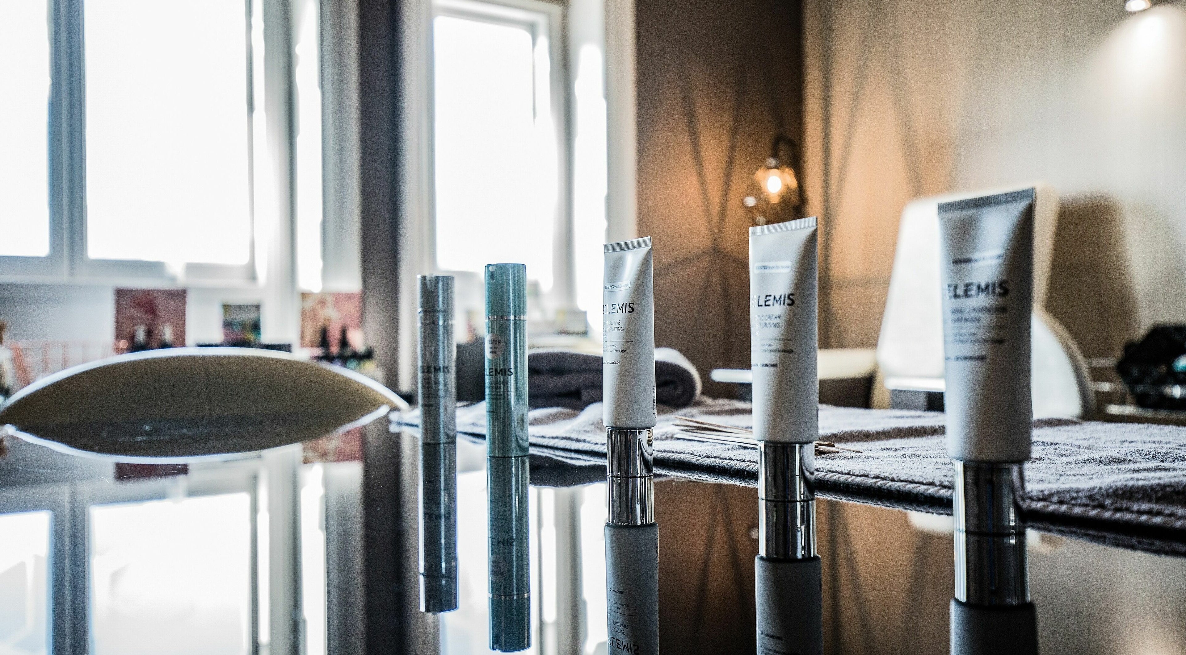 Skincare products lined elegantly at Beautyh - Hoburne Bashley, New Milton, England, GB.