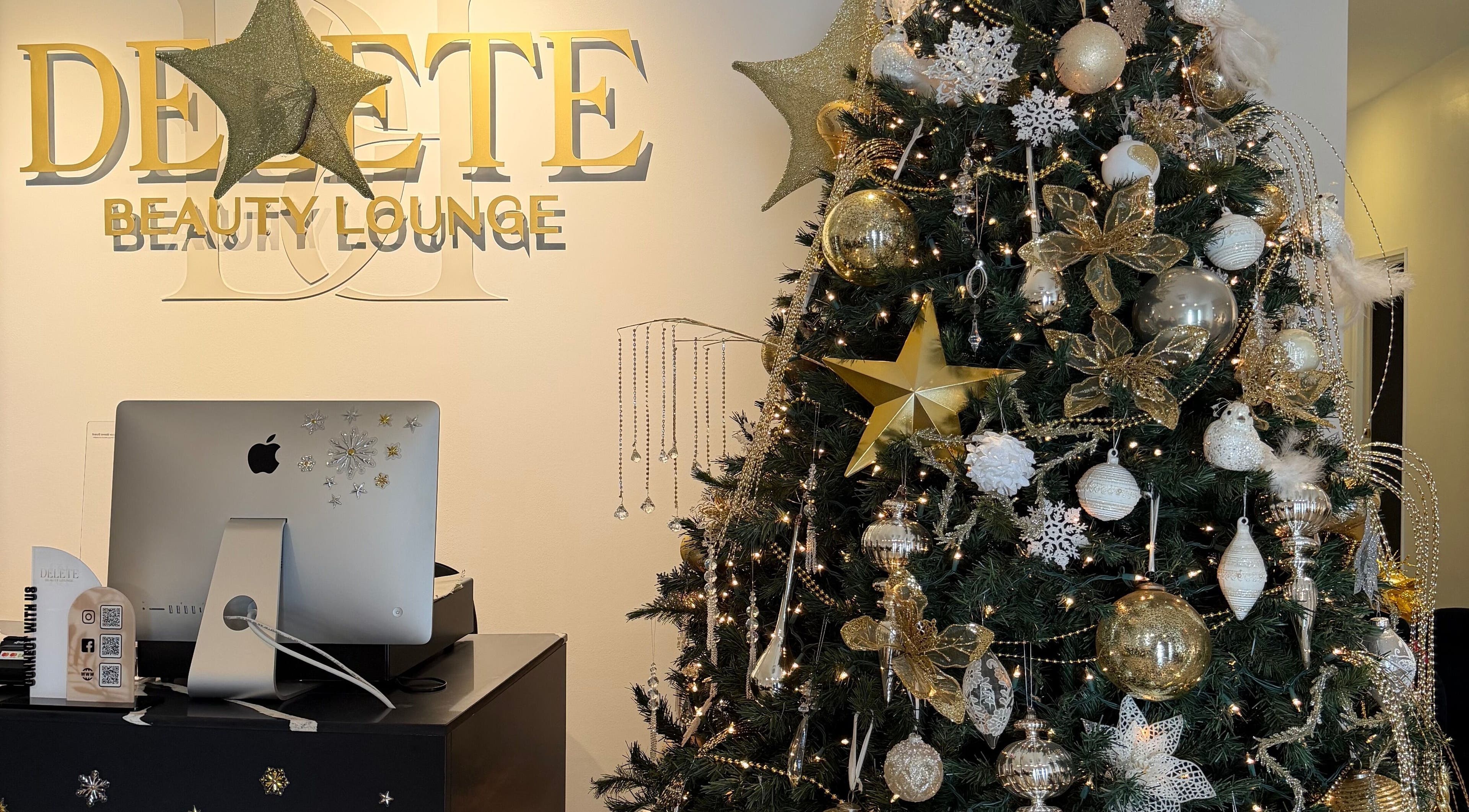 Christmas tree at Delete Beauty Lounge in Paramaribo, Paramaribo, SR, adorned with elegant gold and silver decorations.