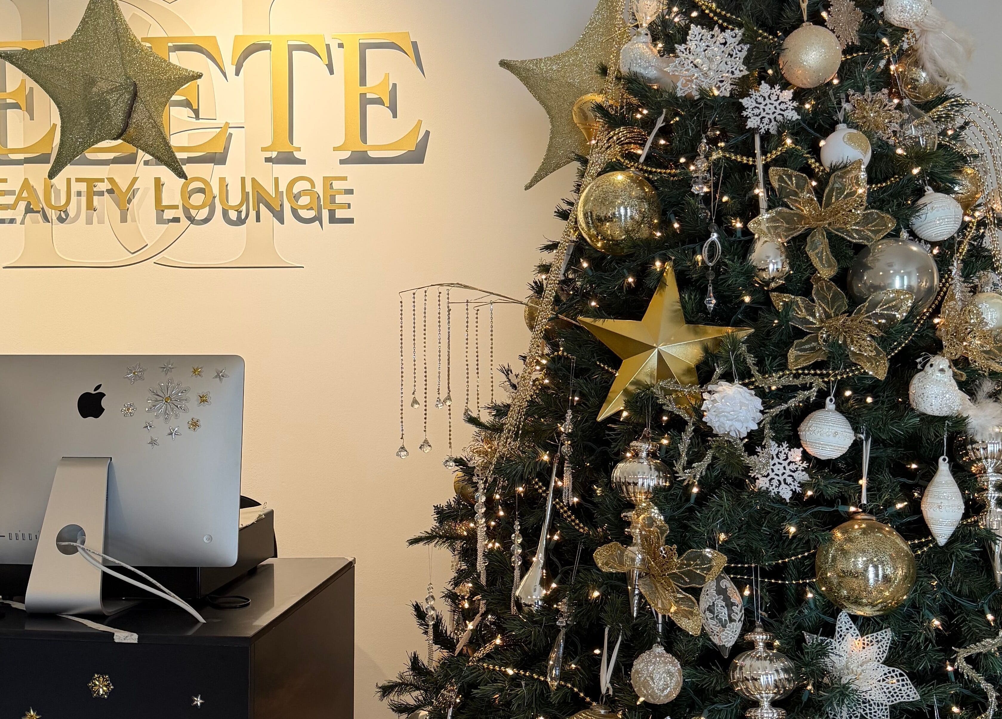 Christmas decor at Delete Beauty Lounge, Paramaribo, Paramaribo, SR showcasing a decorated tree and gold accents.