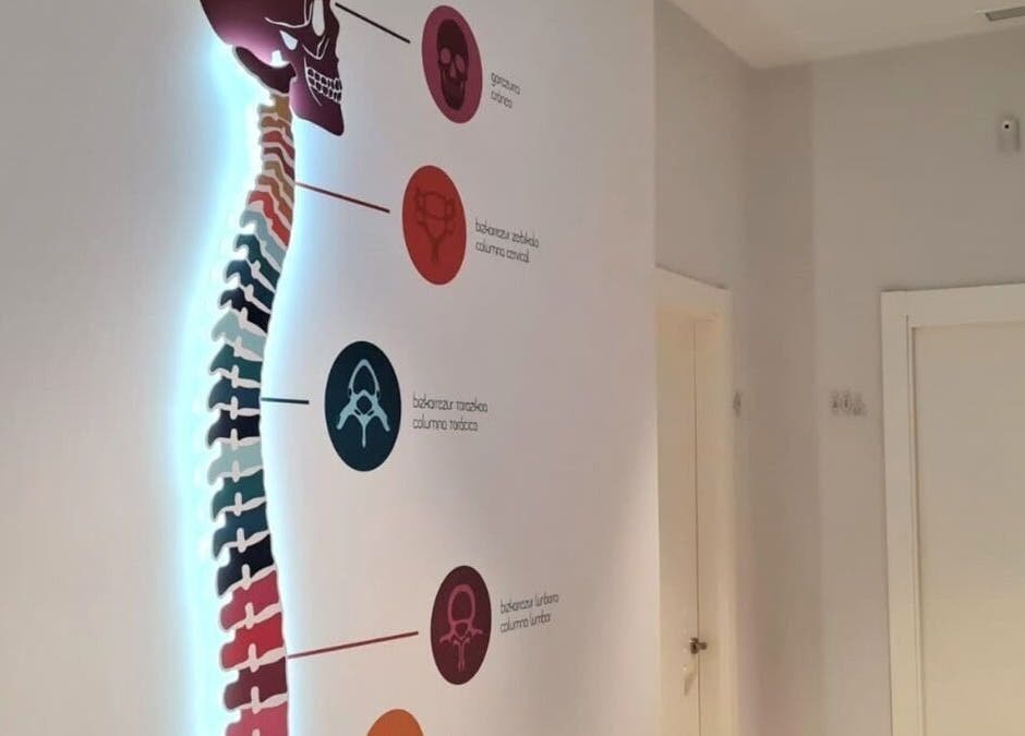 Illuminated spinal diagram on wall at Fisioterapia y Quiropráctica, Tequexquináhuac, Estado De México, MX.