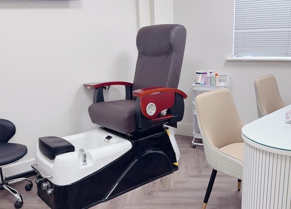 Luxhouse Nails pedicure station in London, England, GB, with modern seating and spa equipment.