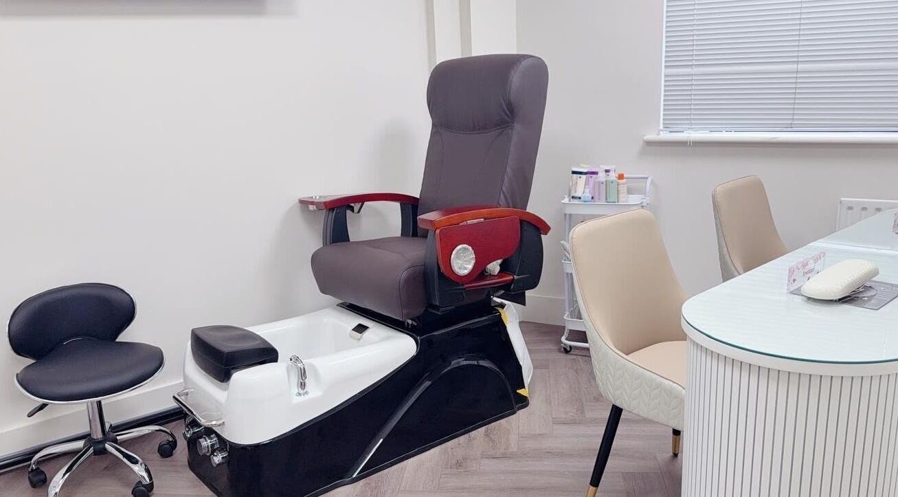 Luxhouse Nails pedicure station in London, England, GB, with modern seating and spa equipment.