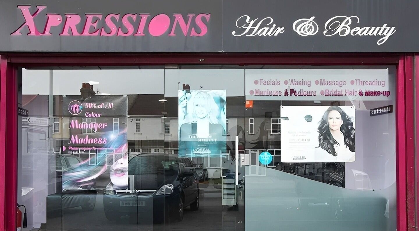Front view of XPRESSIONS HAIR & BEAUTY LTD, Hayes, England, offering diverse beauty services.