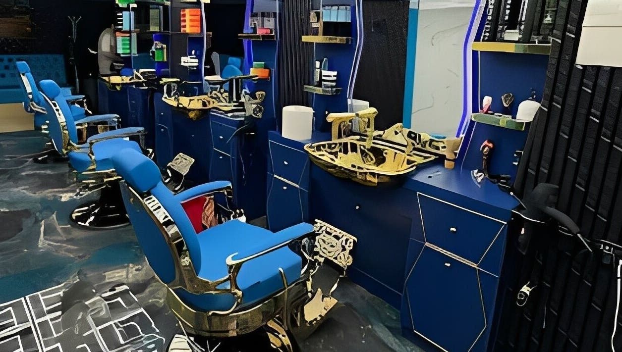 Modern barber chairs at Boss Barber in Ilkeston, England, GB. Stylish, sleek salon interiors.