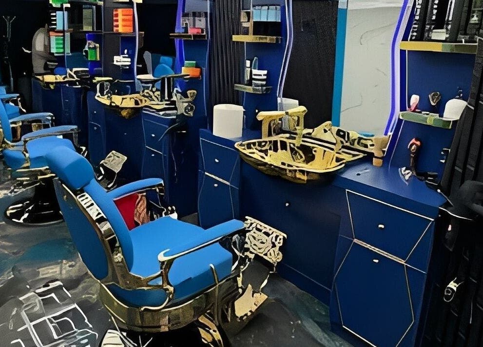 Modern barber chairs at Boss Barber in Ilkeston, England, GB. Stylish, sleek salon interiors.