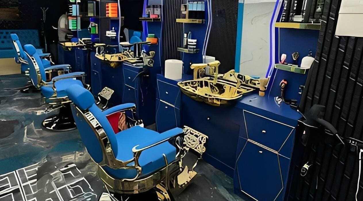 Modern barber chairs at Boss Barber in Ilkeston, England, GB. Stylish, sleek salon interiors.