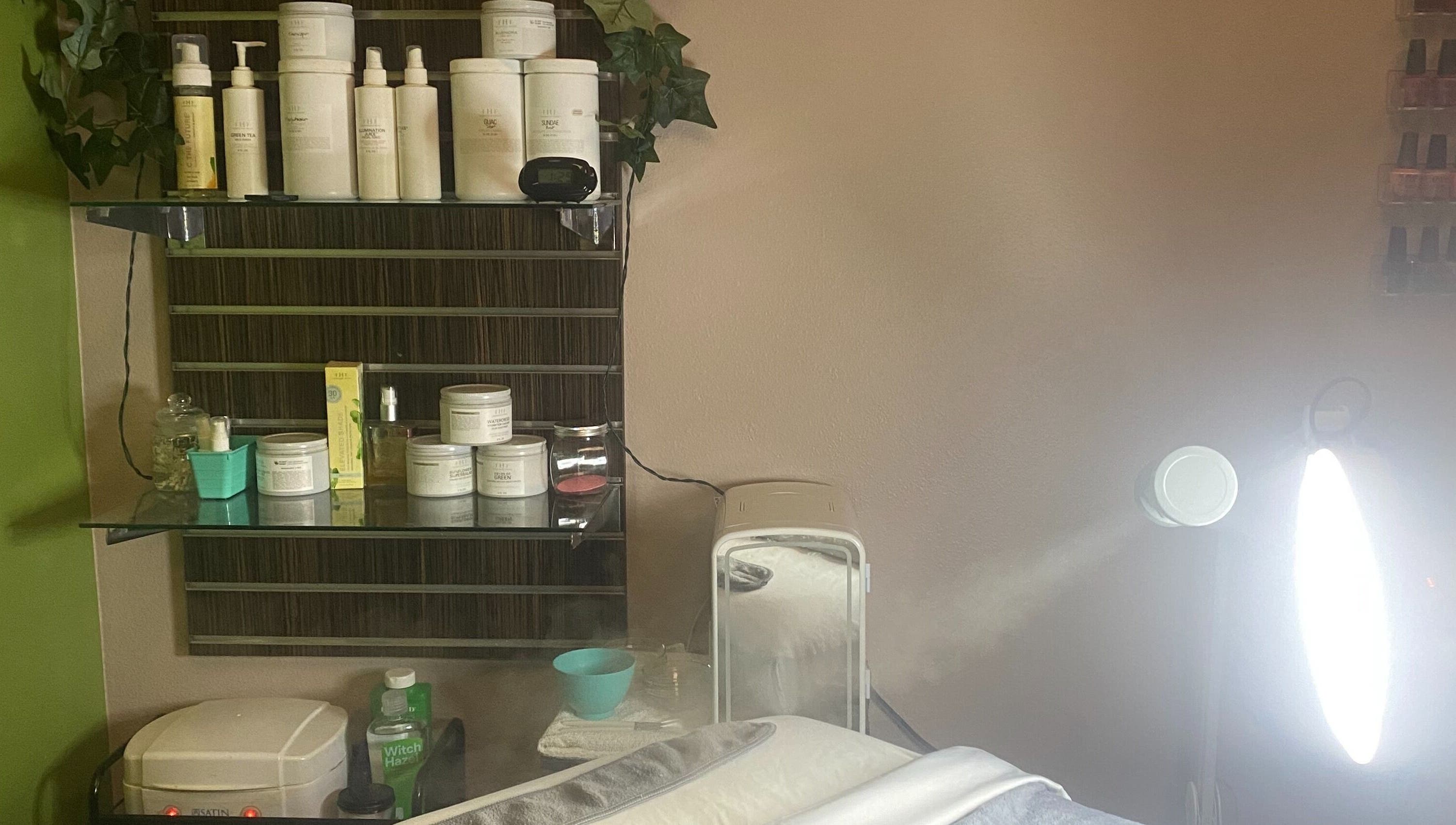 Skincare products and spa setup at Elevation Beauty Studios in Oshkosh, Wisconsin, US.