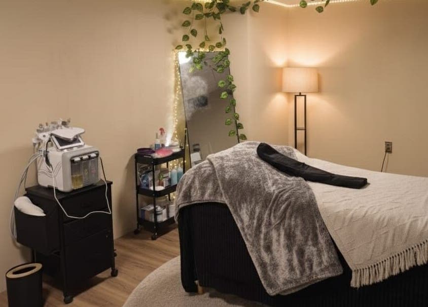 Sala de tratamiento en Aurea Bienestar Integral, Ciudad De México, MX, con cama de masaje y decoración acogedora.