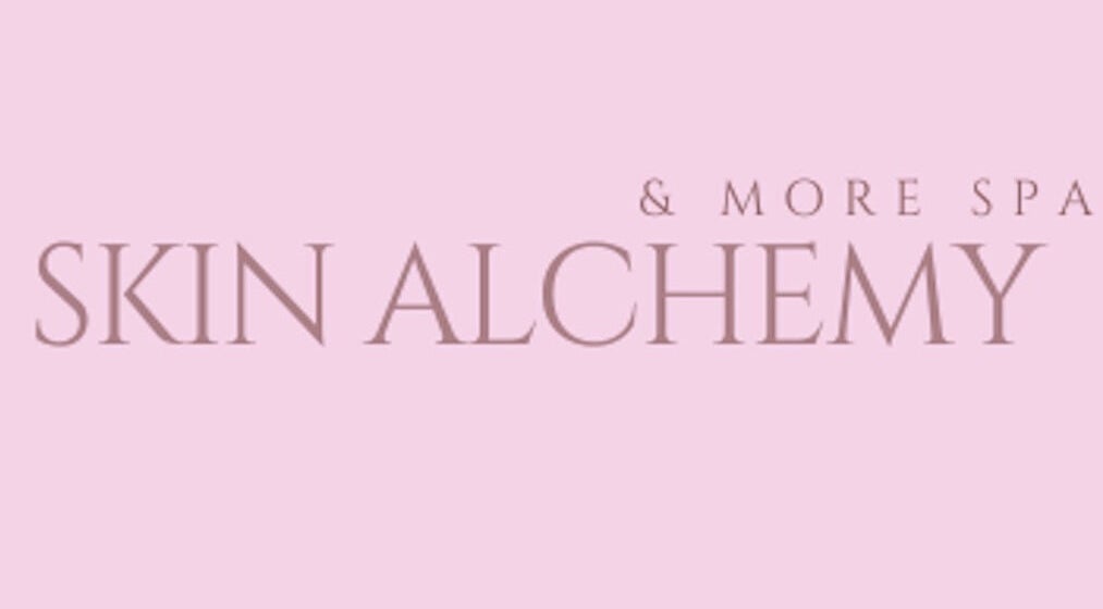 Elegant logo of Skin Alchemy & more spa on a soft pink background, SA address included.