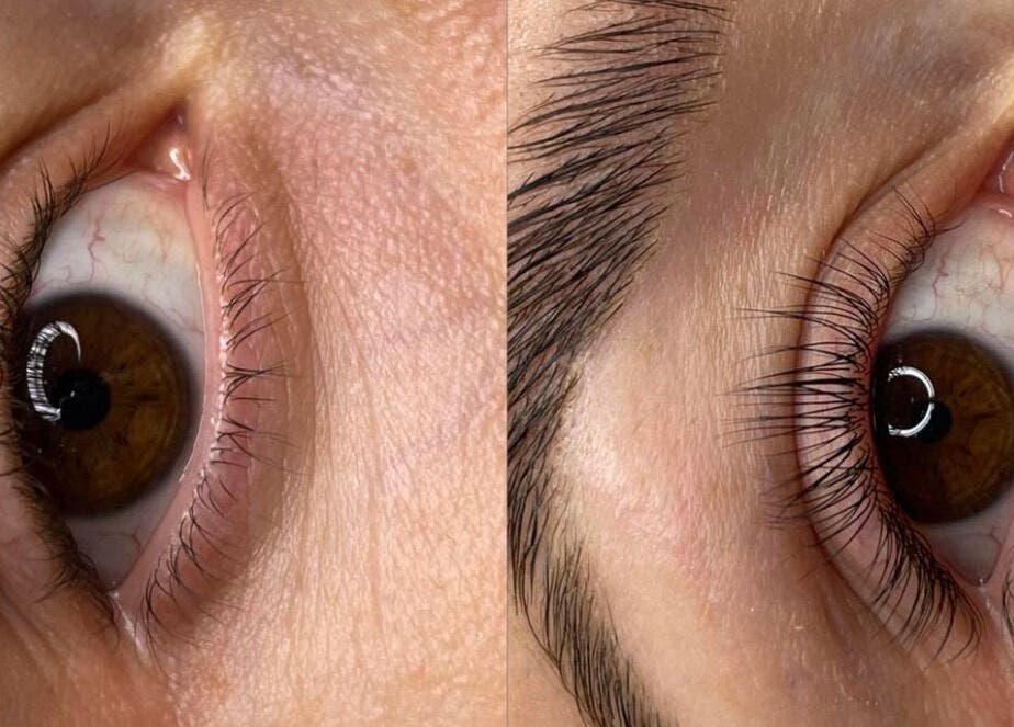 Close-up of an eye before and after lash lift at Whimsical Beauty, Falmouth, England, GB.